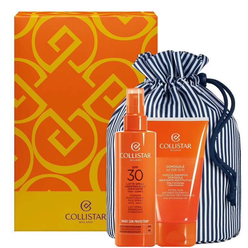 COLLISTAR KIT SOLAR LATTE SPRAY ABBRONZANTE SPF30+DOCCIA-SHAMPOO DOPOSOLE 150+POCHETTE